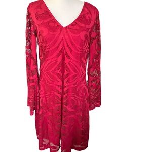 Women's Wine Red V-Neck Lace Long-Sleeve Dress